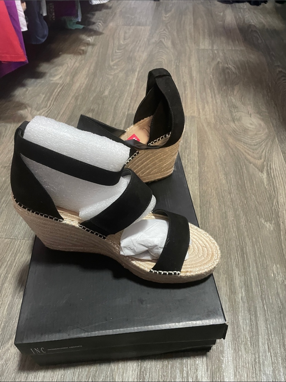 INC International Concepts Black Espadrille Wedge Sandals with Ankle Strap